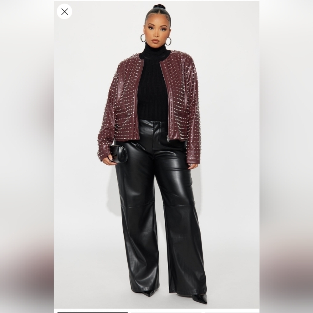 Fashion Nova Run This Town Studded Faux Leather Jacket Wine Size 1X(14/16)(NWOT) - Picture 3 of 10